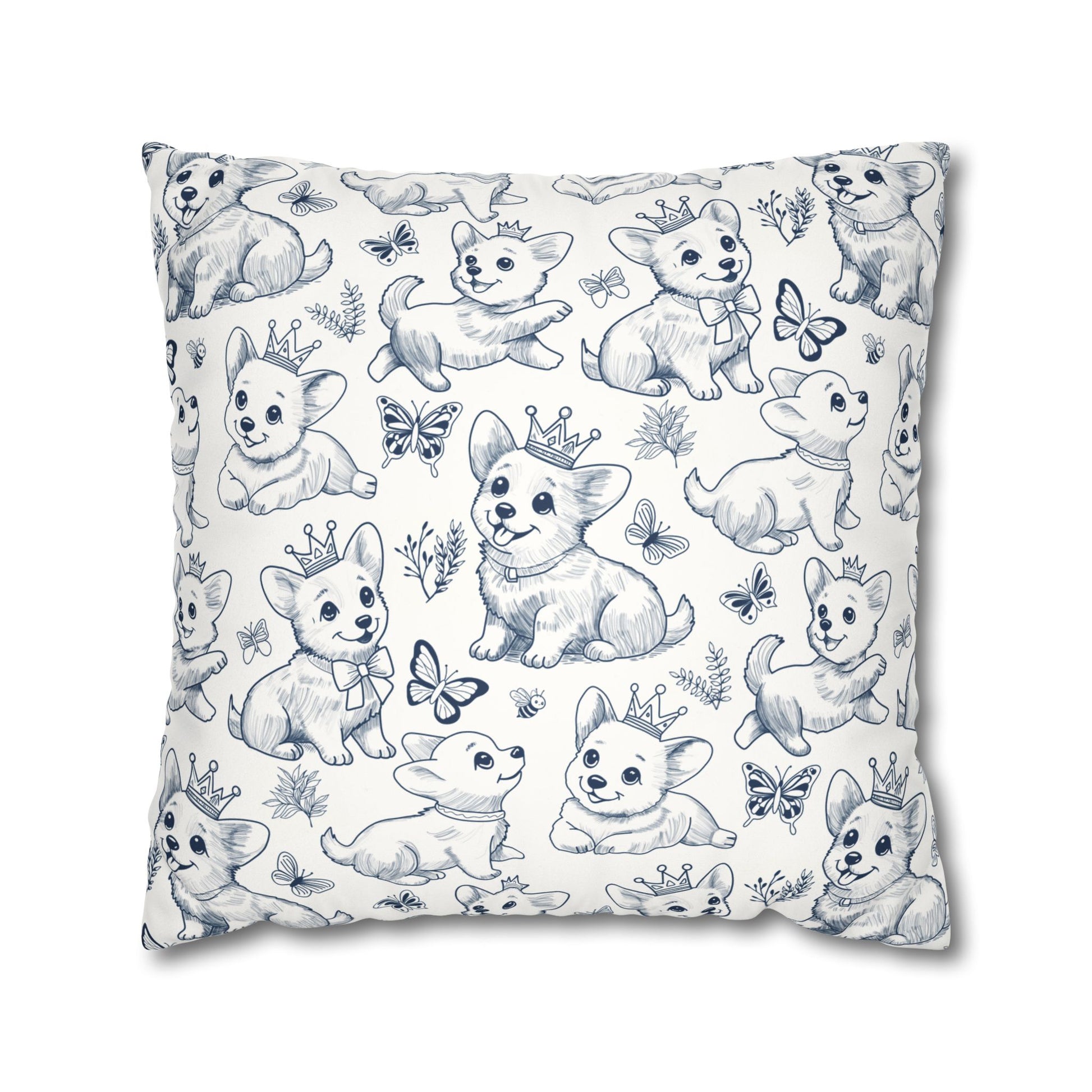Cute Toile de Jouy playful Corgis Faux Suede Square Pillow 
