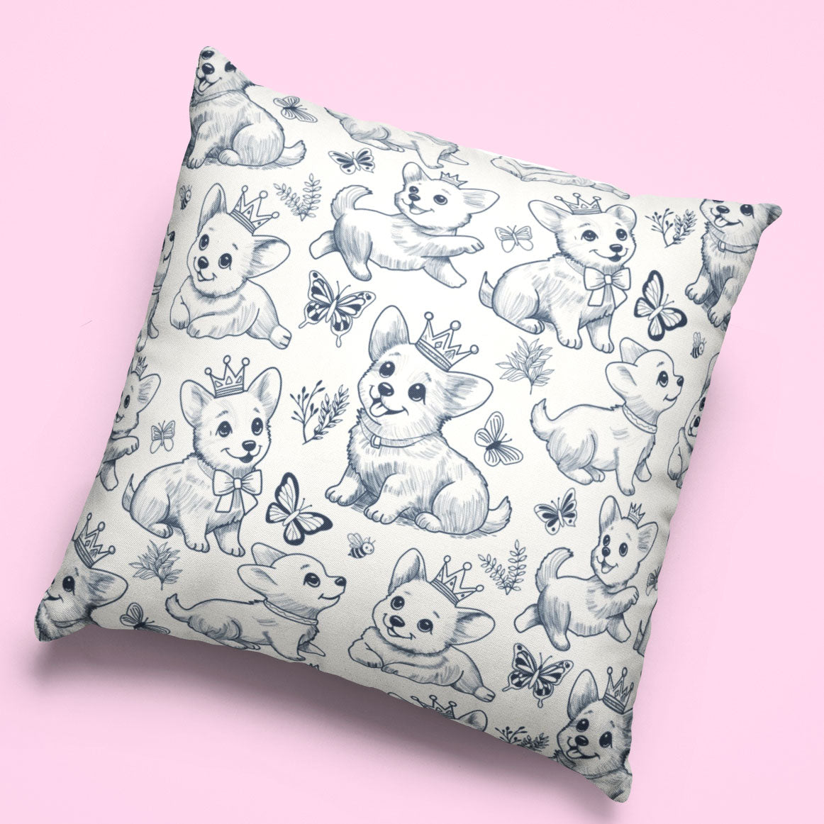 Cute Toile de Jouy playful Corgis Faux Suede Square Pillow