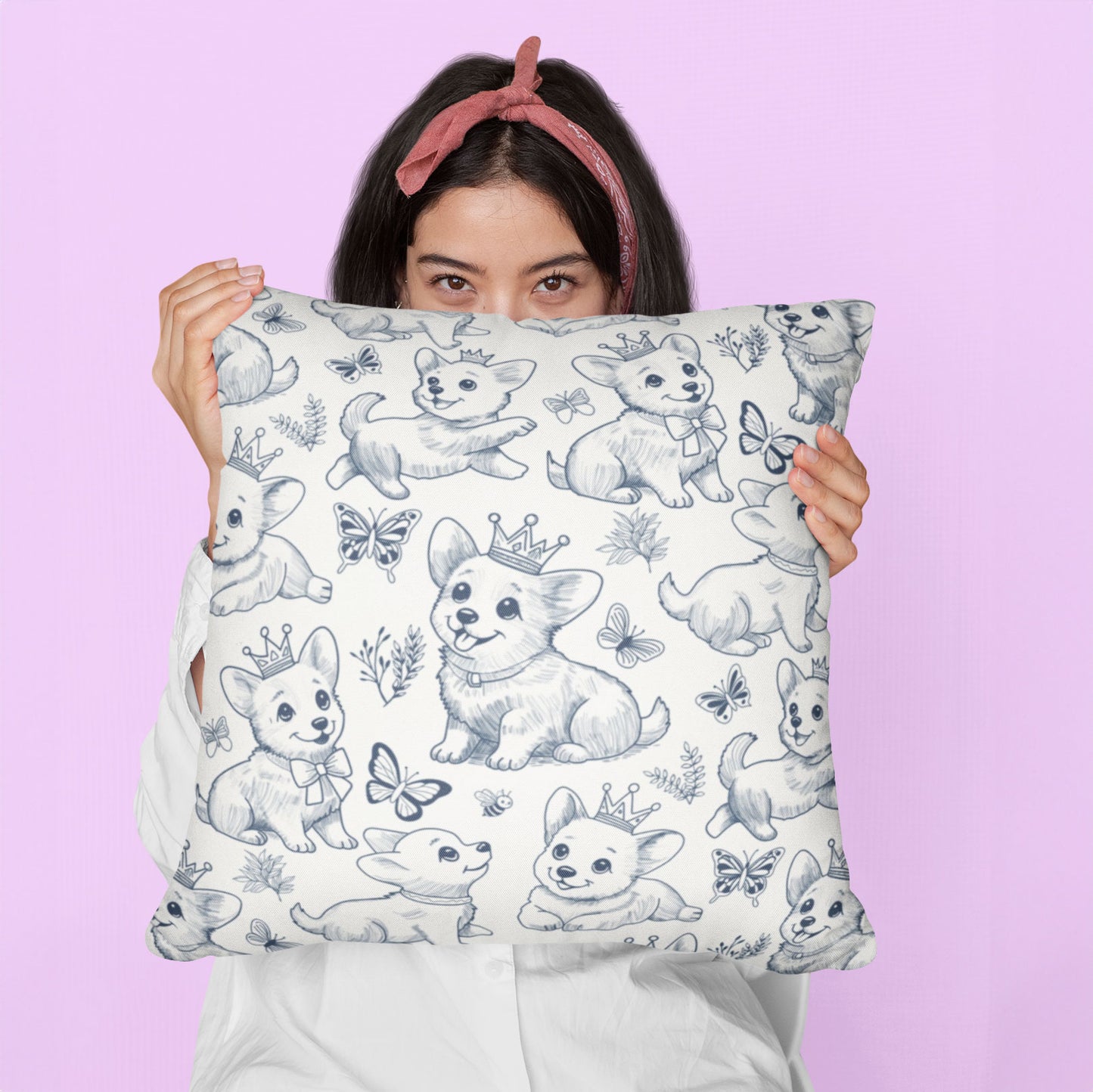 Cute Toile de Jouy playful Corgis Faux Suede Square Pillow