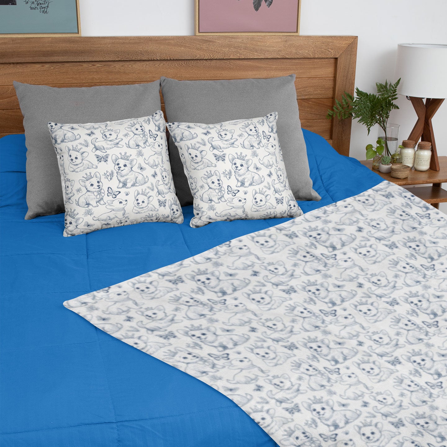 Cute Toile de Jouy playful Corgis Faux Suede Square Pillow