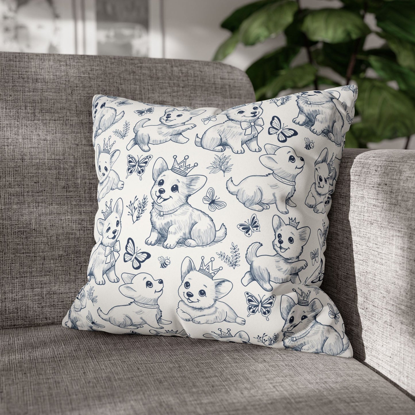 Cute Toile de Jouy playful Corgis Faux Suede Square Pillow