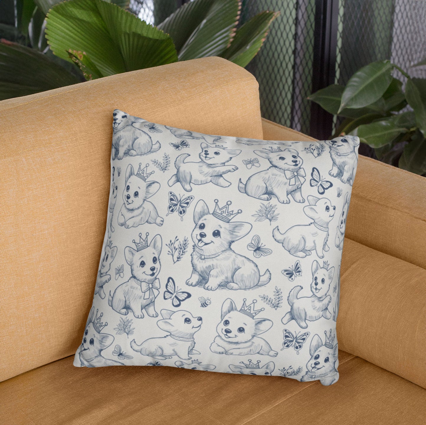 Cute Toile de Jouy playful Corgis Faux Suede Square Pillow