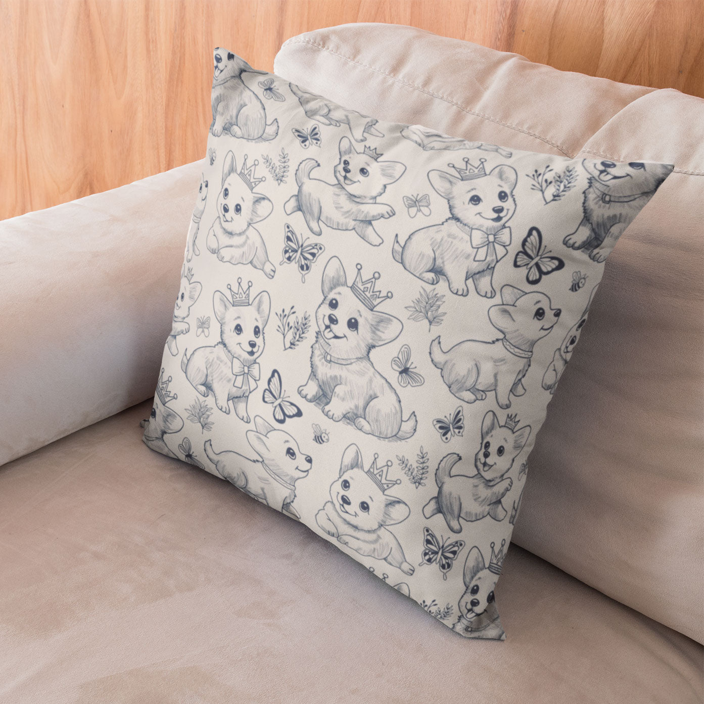 Cute Toile de Jouy playful Corgis Faux Suede Square Pillow