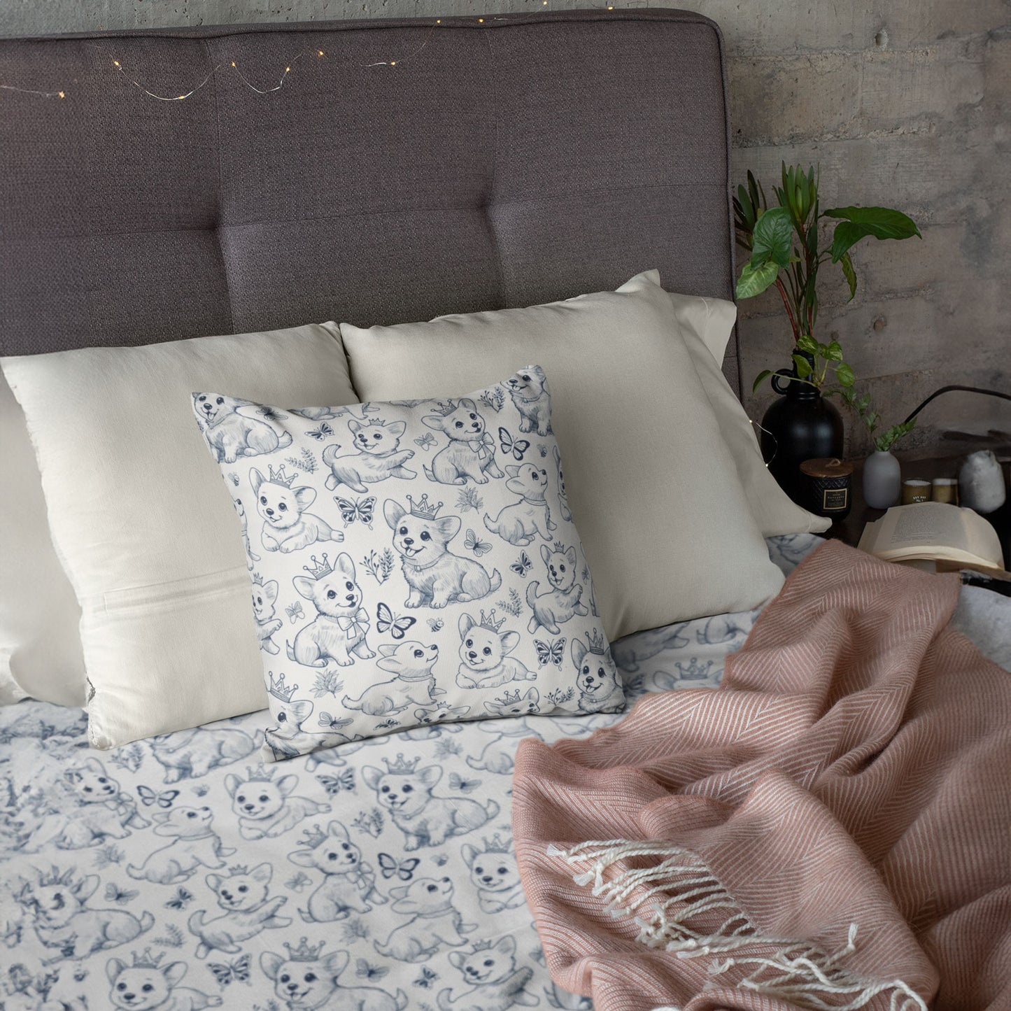 Cute Toile de Jouy playful Corgis Faux Suede Square Pillow