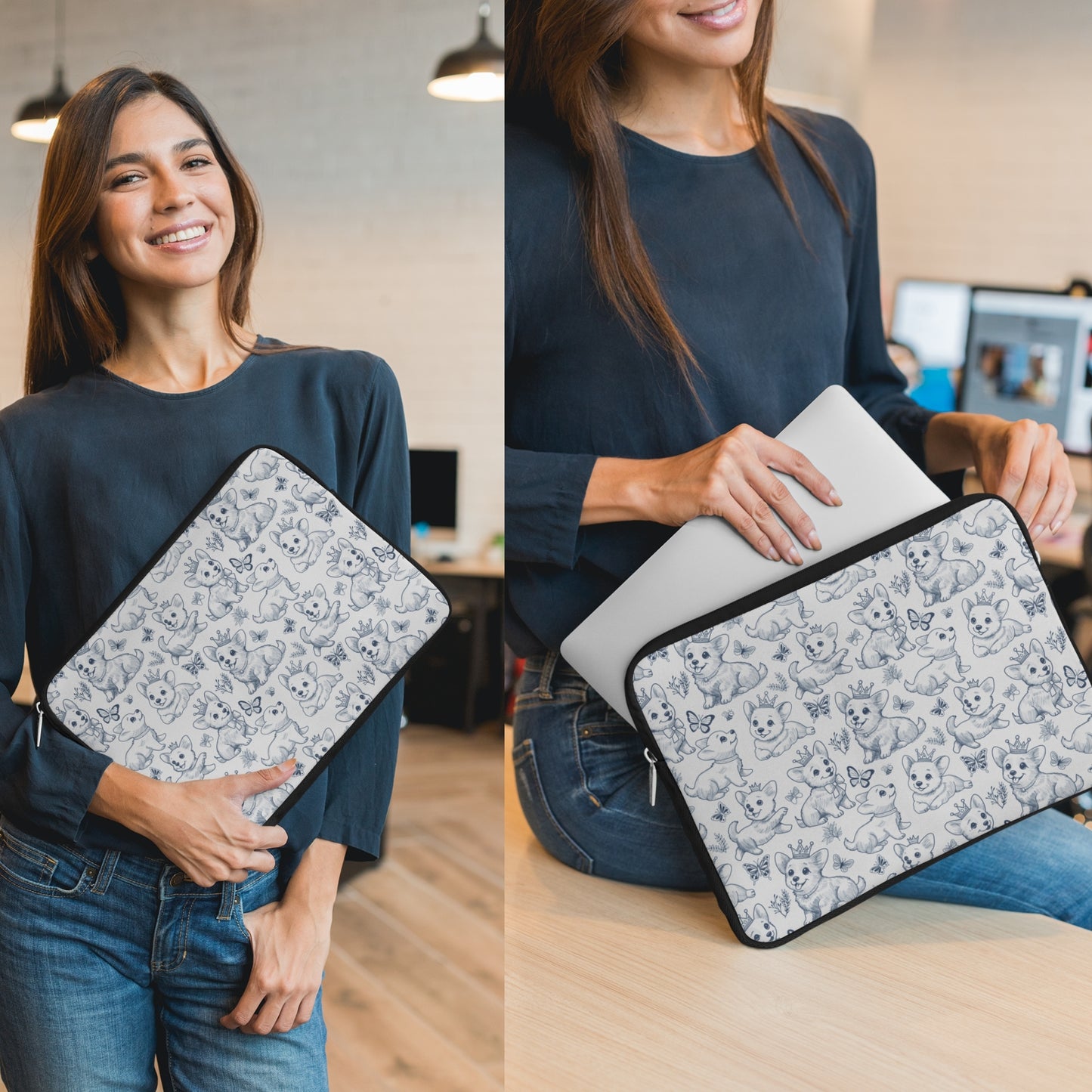 Cute Toile de Jouy playful Corgis Laptop or Tablet Sleeve