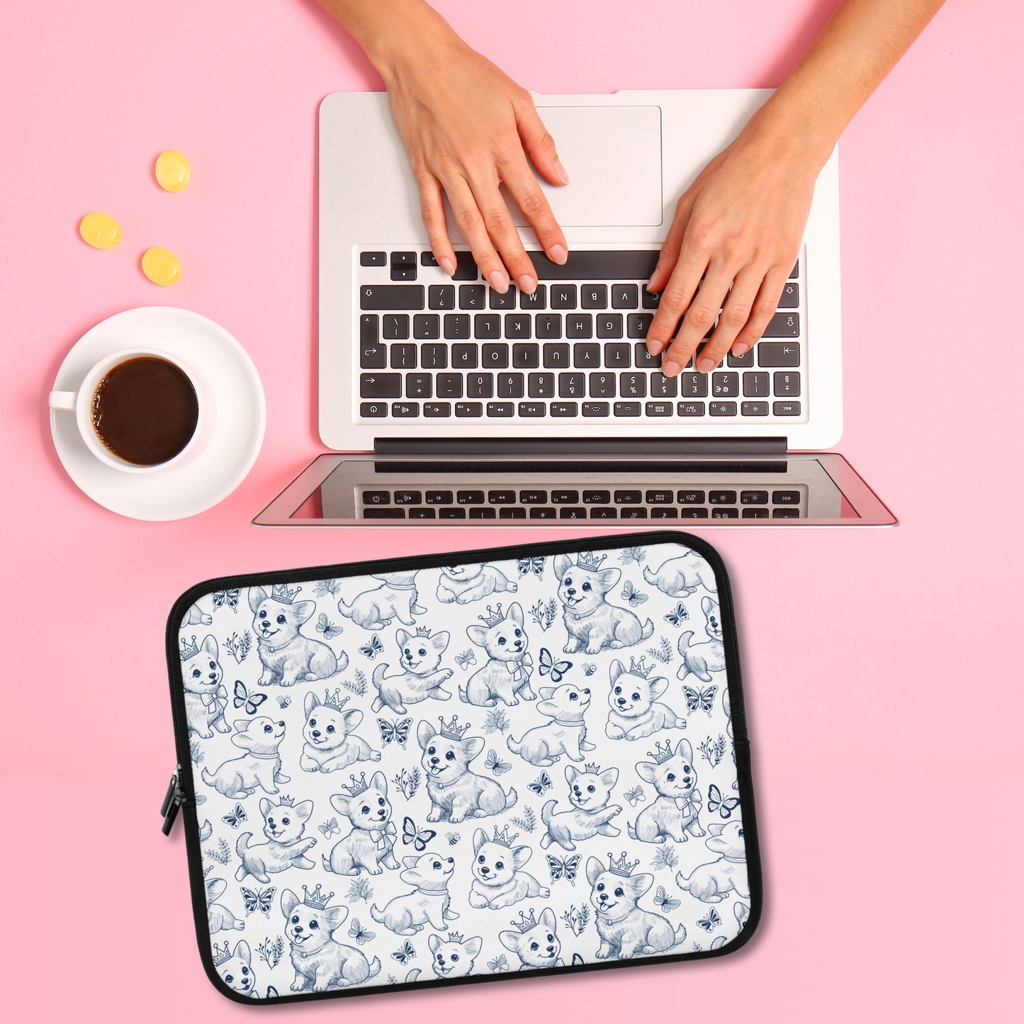 Cute Toile de Jouy playful Corgis Laptop or Tablet Sleeve
