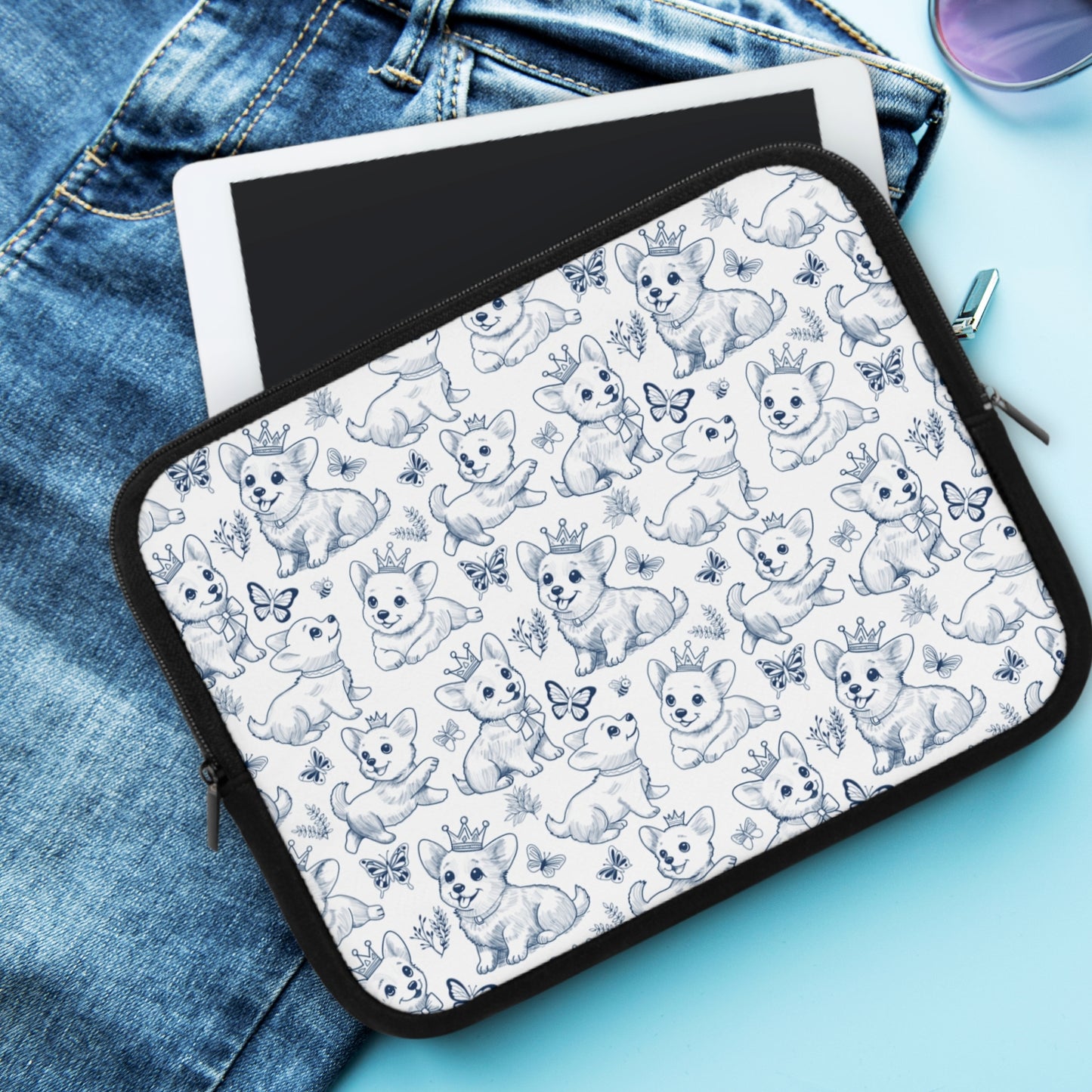 Cute Toile de Jouy playful Corgis Laptop or Tablet Sleeve