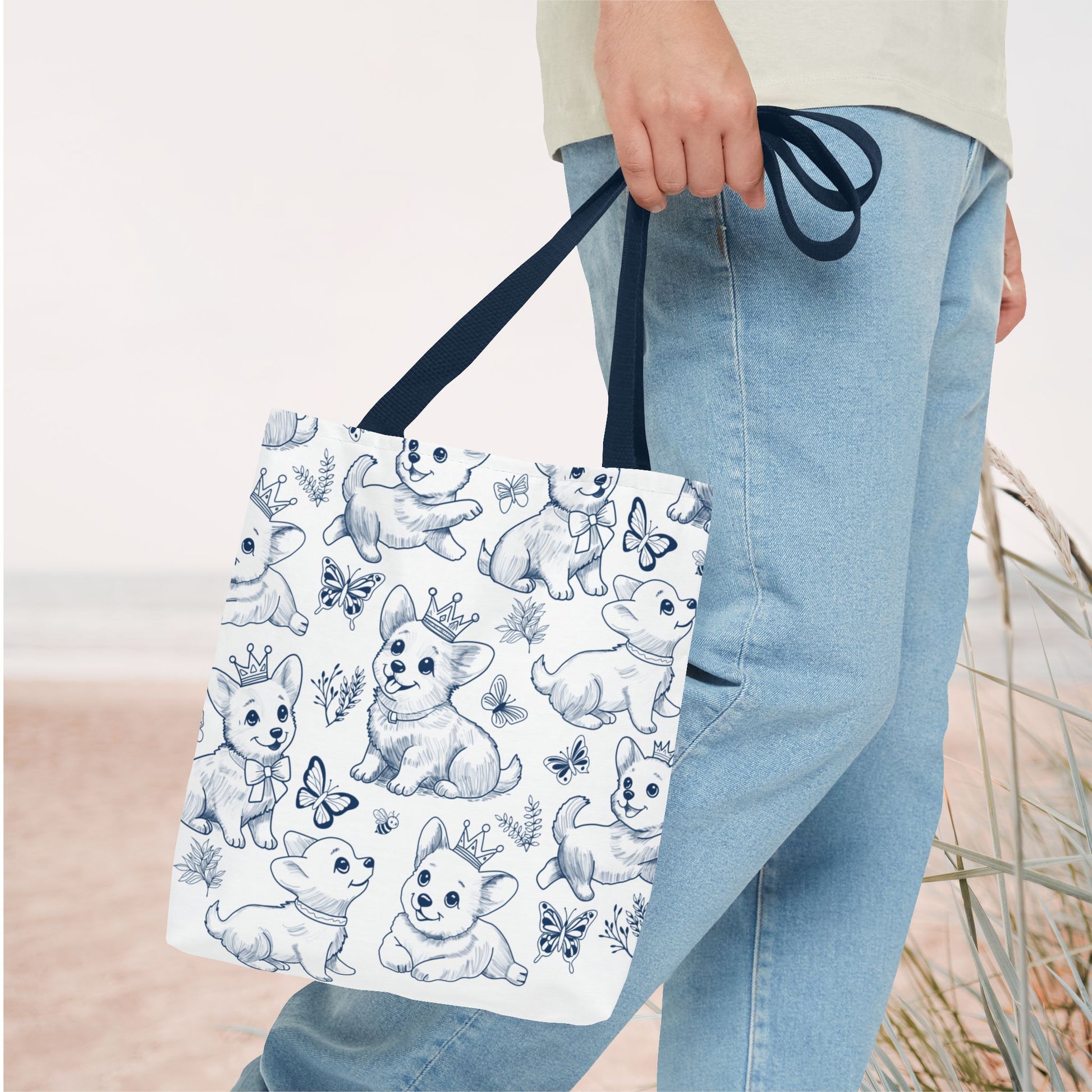 Cute Toile de Jouy playful Corgis Tote Bag