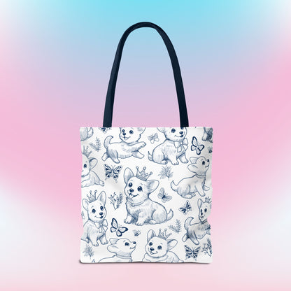 Cute Toile de Jouy playful Corgis Tote Bag 