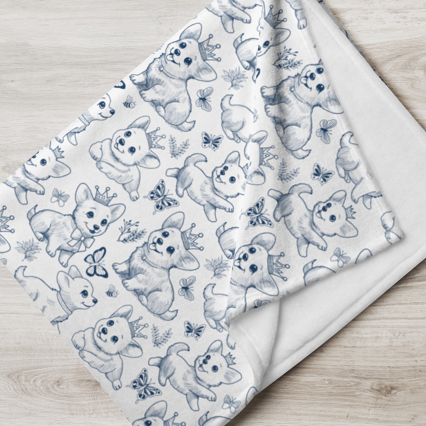 Cute Toile de Jouy playful Corgis Cozy Velveteen Plush Blanket