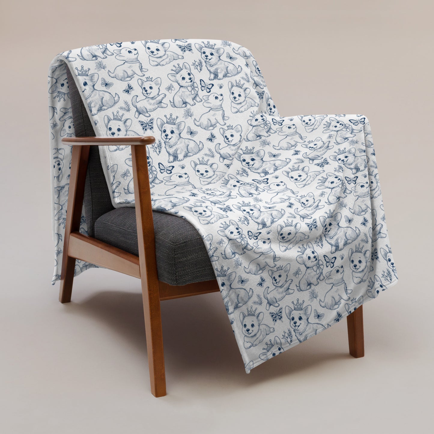 Cute Toile de Jouy playful Corgis Cozy Velveteen Plush Blanket