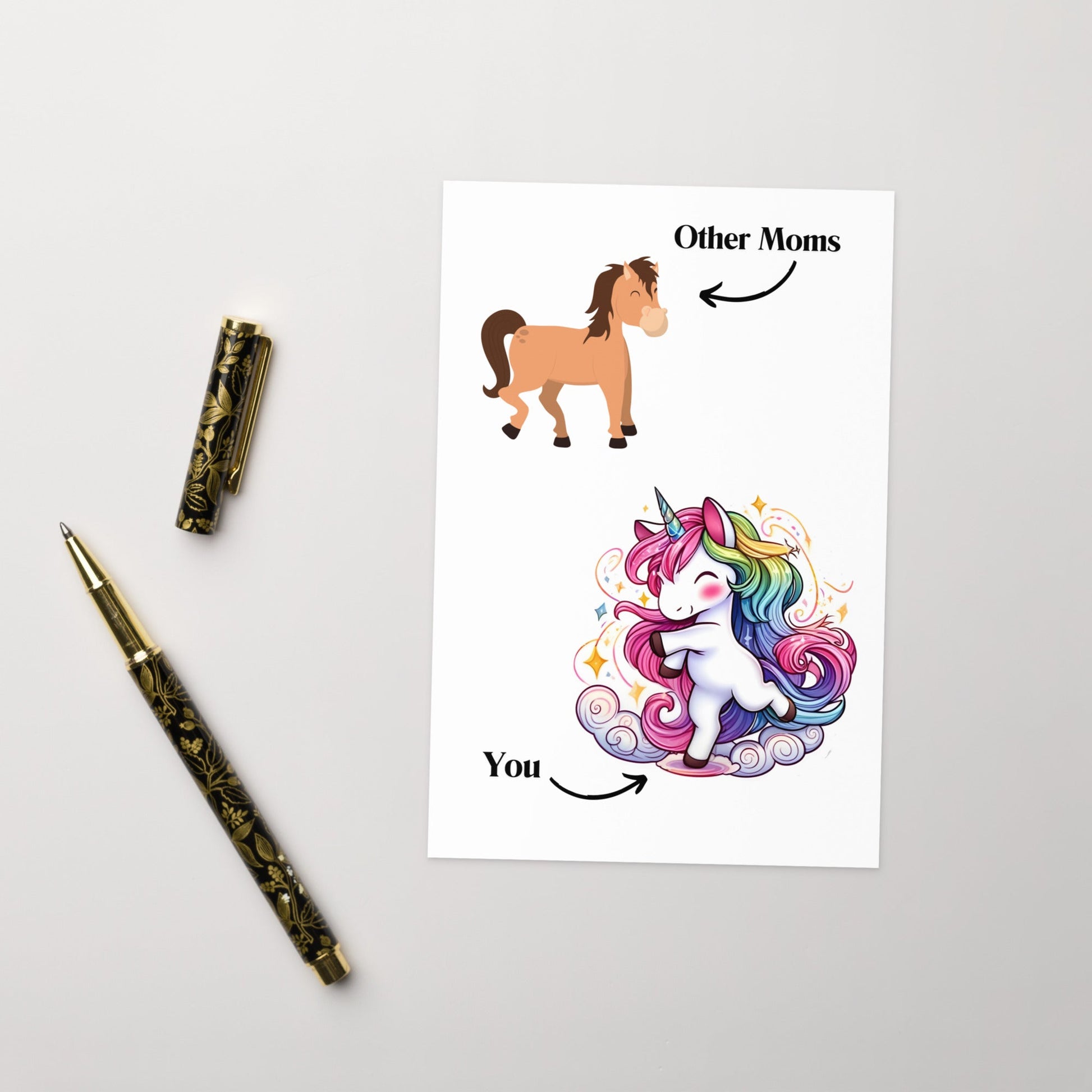 pen and front of Funny Unicorn Mom vs Others Greeting or Mothers day Card