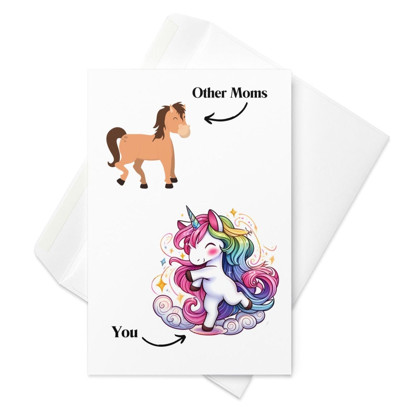 envelope and front of Funny Unicorn Mom vs Others Greeting or Mothers day Card