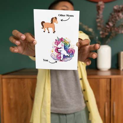 boy holding Funny Unicorn Mom vs Others Greeting or Mothers day Card