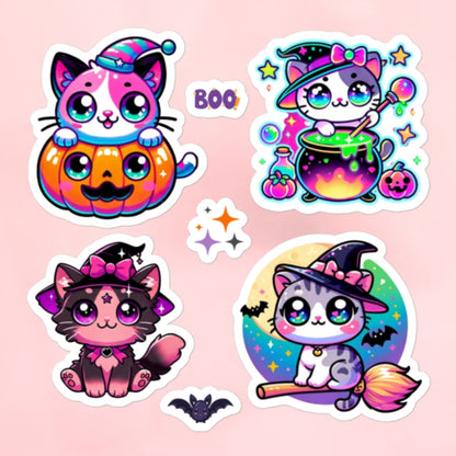 Halloween Cute Kawaii Witch Cats Square Sticker Sheet