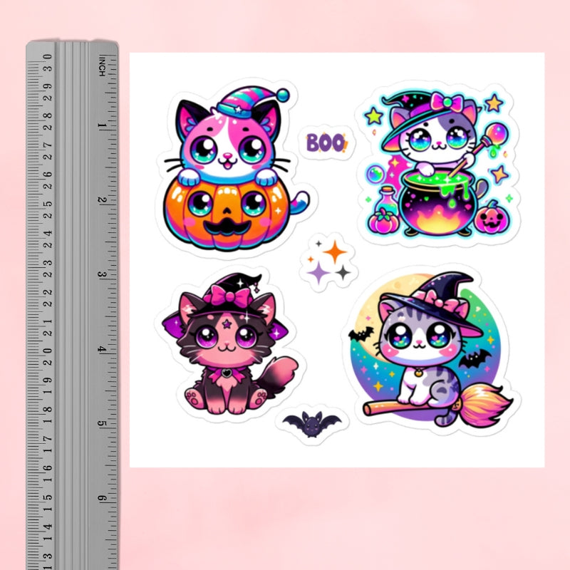 Halloween Cute Kawaii Witch Cats Square Sticker Sheet