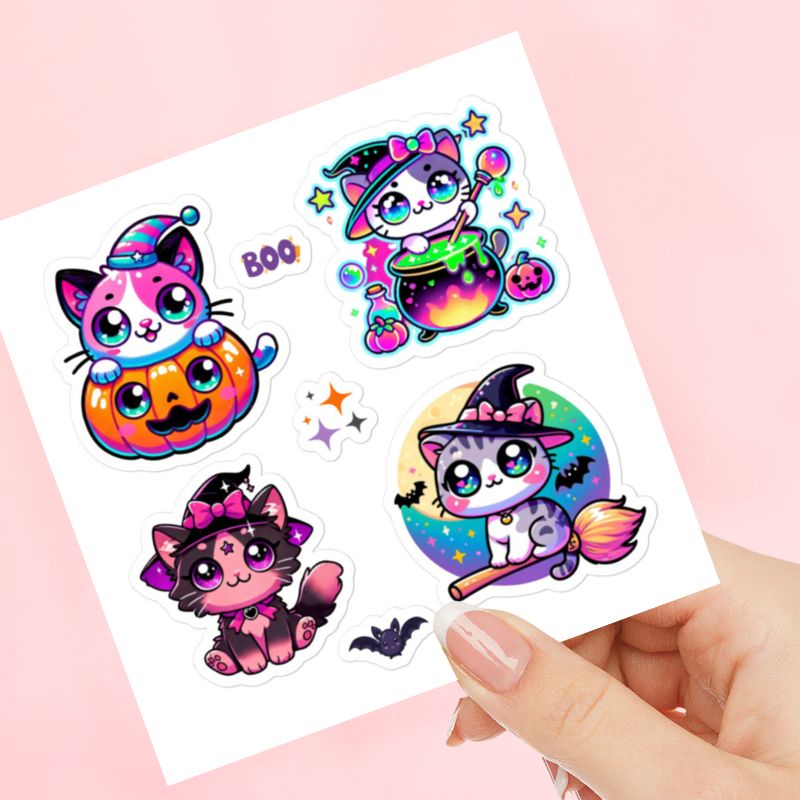 Halloween Cute Kawaii Witch Cats Square Sticker Sheet