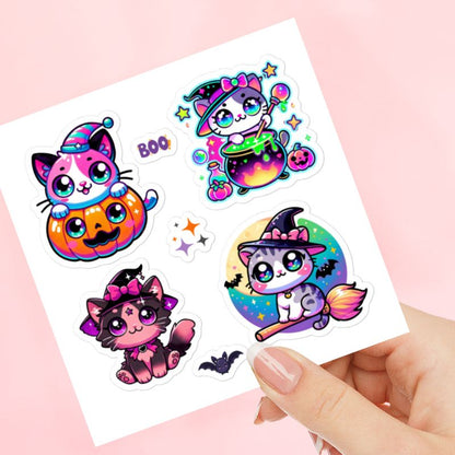 Halloween Cute Kawaii Witch Cats Square Sticker Sheet