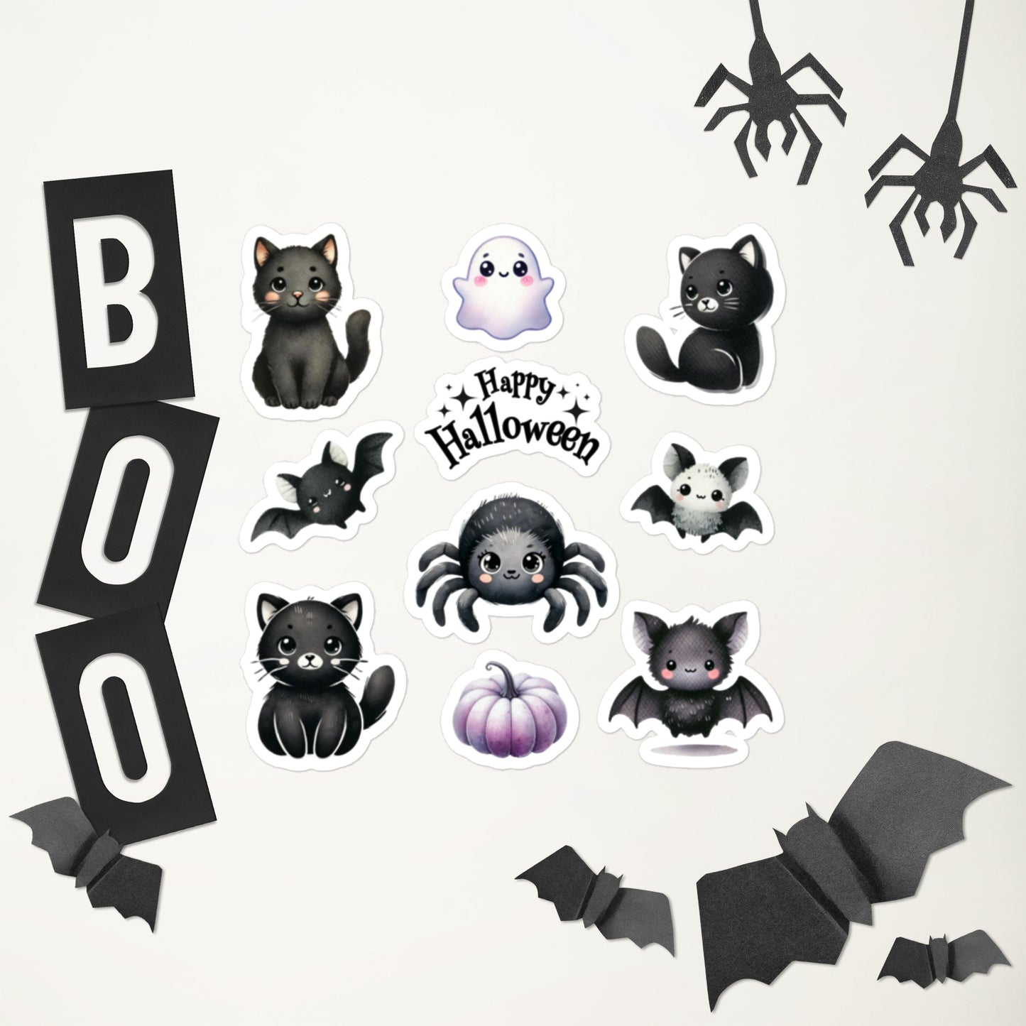 Cute Black Halloween Cats, Ghosts, Bats and Spider Sticker Sheet