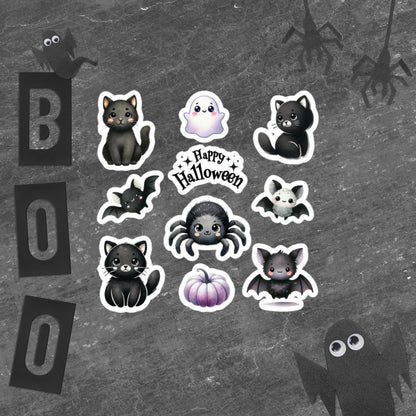 Cute Black Halloween Cats, Ghosts, Bats and Spider Sticker Sheet