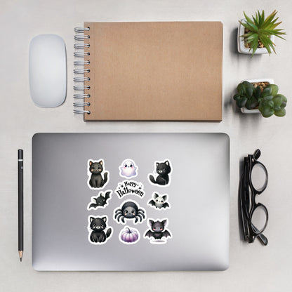 Cute Black Halloween Cats, Ghosts, Bats and Spider Sticker Sheet