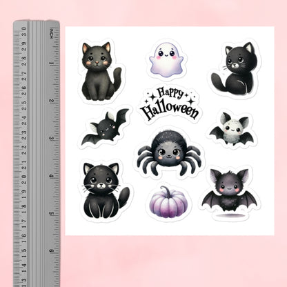 Cute Black Halloween Cats, Ghosts, Bats and Spider Sticker Sheet