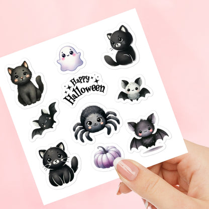 Cute Black Halloween Cats, Ghosts, Bats and Spider Sticker Sheet