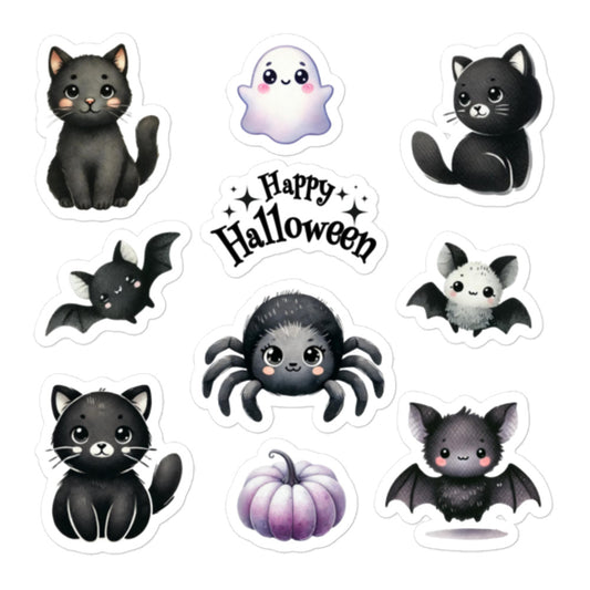 Cute Black Halloween Cats, Ghosts, Bats and Spider Sticker Sheet