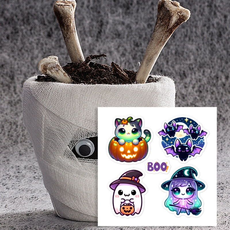 Cute Kawaii Halloween Ghost, Bat, Cats, Witch Sticker Sheet