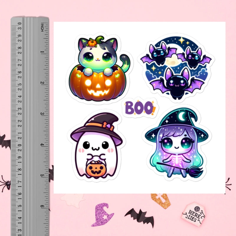Cute Kawaii Halloween Ghost, Bat, Cats, Witch Sticker Sheet