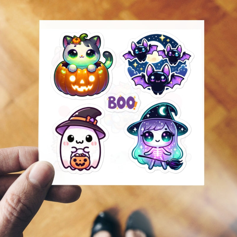 Cute Kawaii Halloween Ghost, Bat, Cats, Witch Sticker Sheet