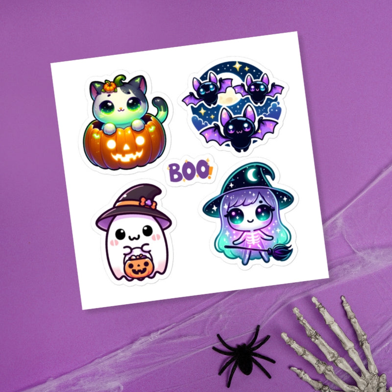 Cute Kawaii Halloween Ghost, Bat, Cats, Witch Sticker Sheet
