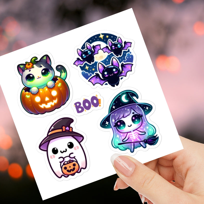 Cute Kawaii Halloween Ghost, Bat, Cats, Witch Sticker Sheet
