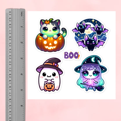 Cute Kawaii Halloween Ghost, Bat, Cats, Witch Sticker Sheet