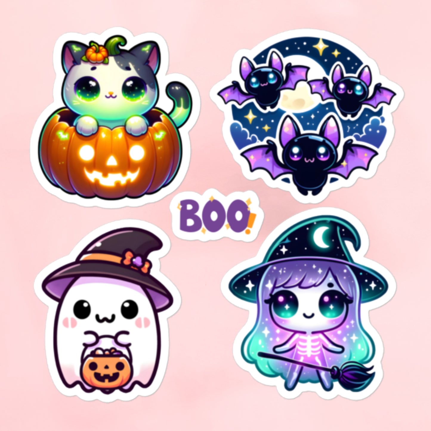 Cute Kawaii Halloween Ghost, Bat, Cats, Witch Sticker Sheet