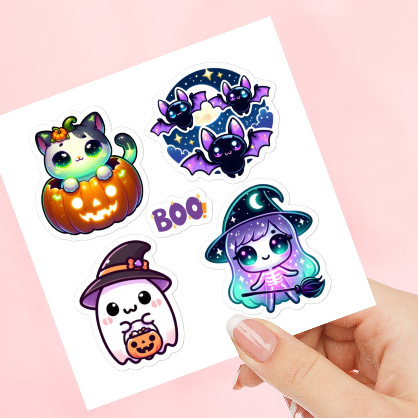 Cute Kawaii Halloween Ghost, Bat, Cats, Witch Sticker Sheet