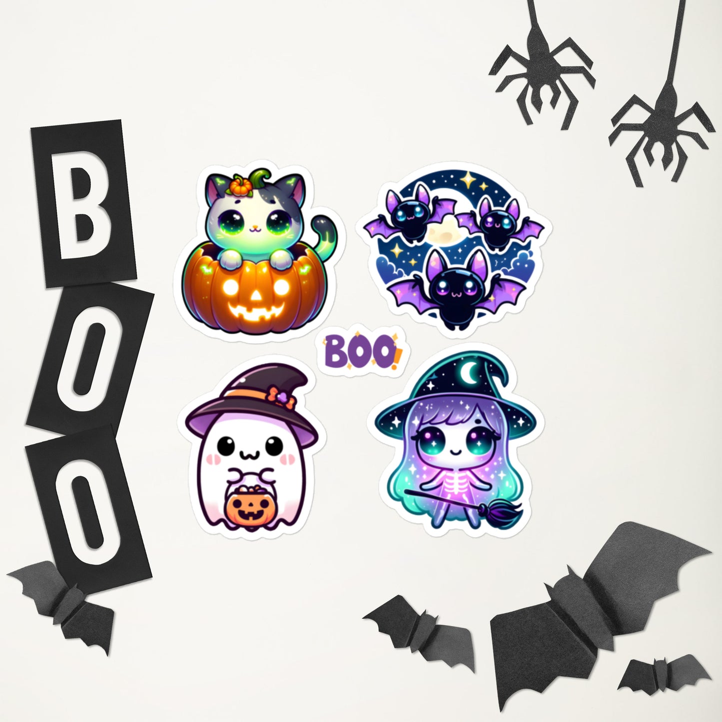 Cute Kawaii Halloween Ghost, Bat, Cats, Witch Sticker Sheet