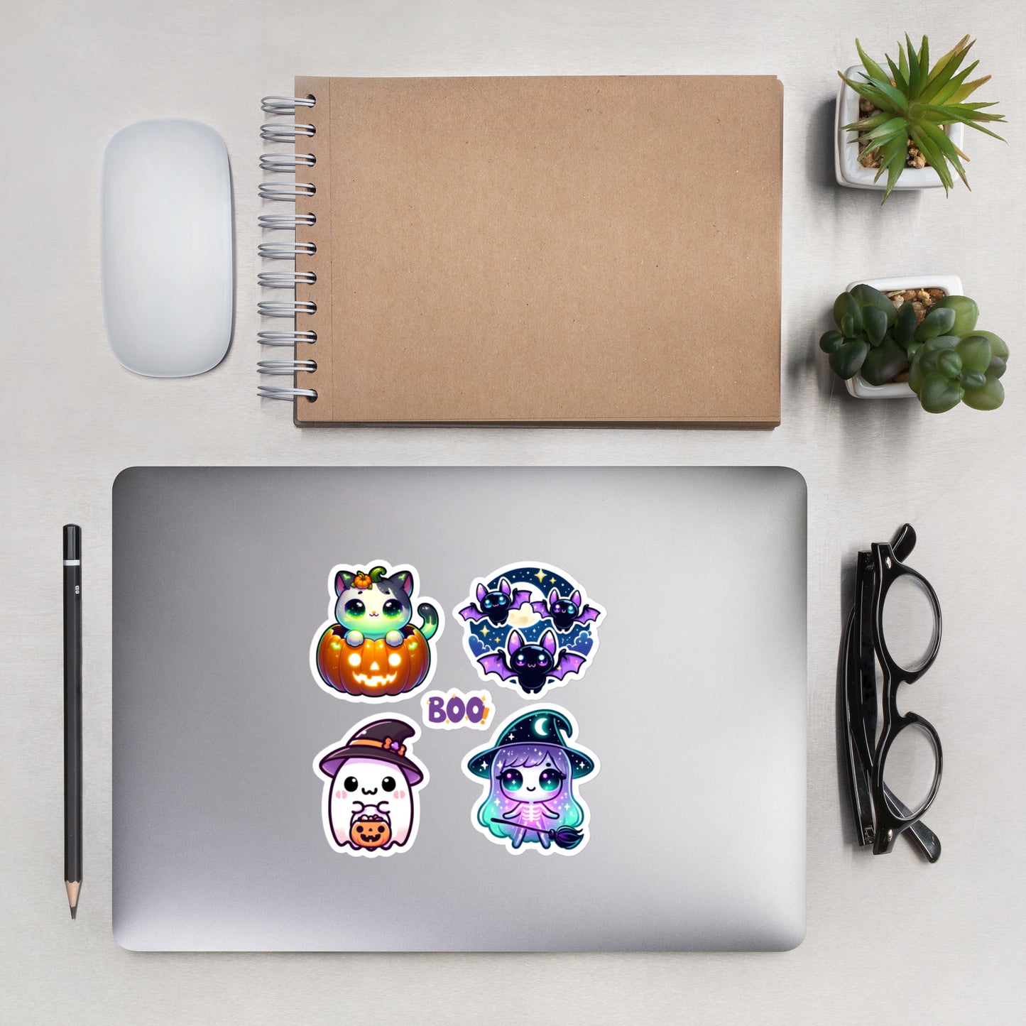 Cute Kawaii Halloween Ghost, Bat, Cats, Witch Sticker Sheet