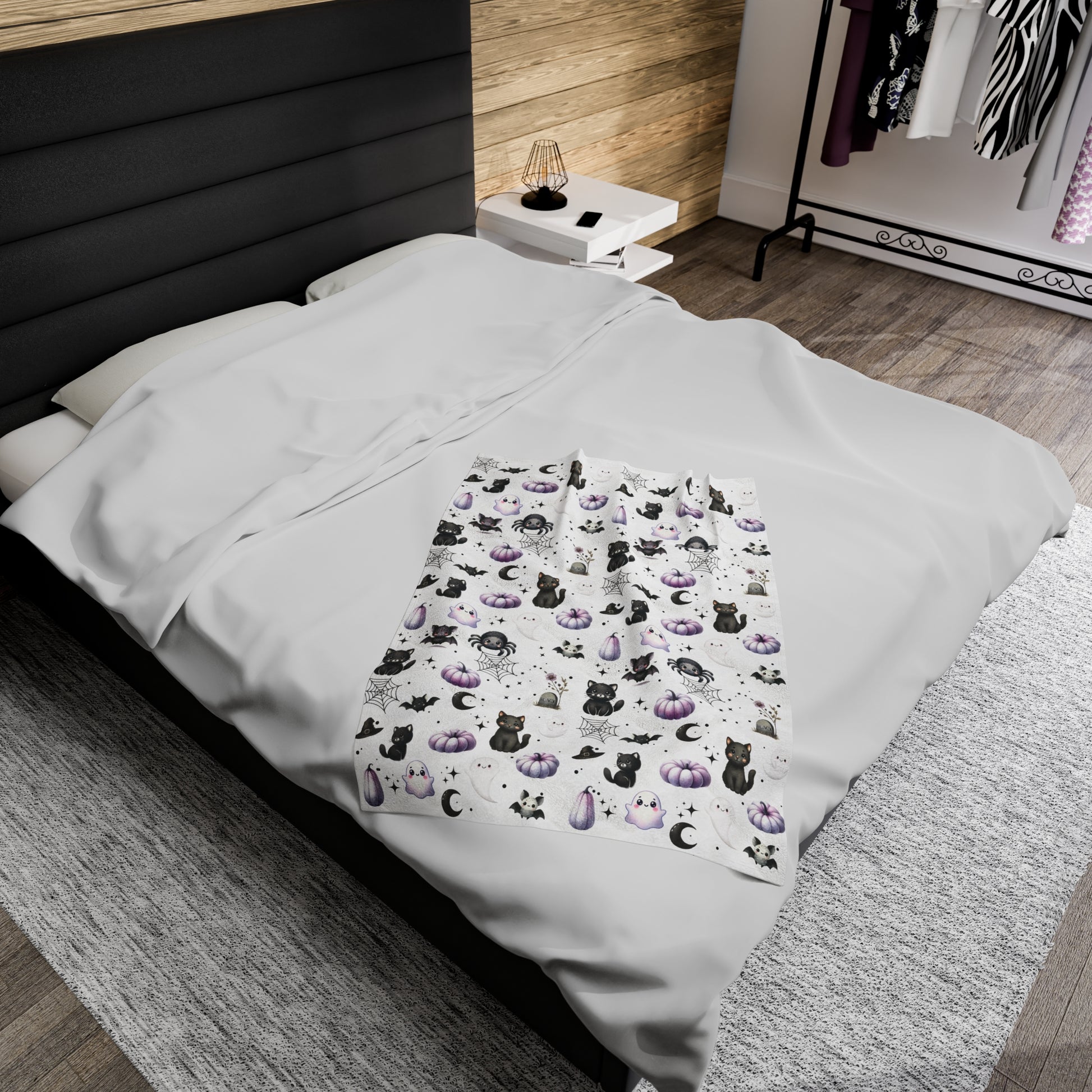 Halloween pattern black Kawaii Cat Ghost purple pumpkin