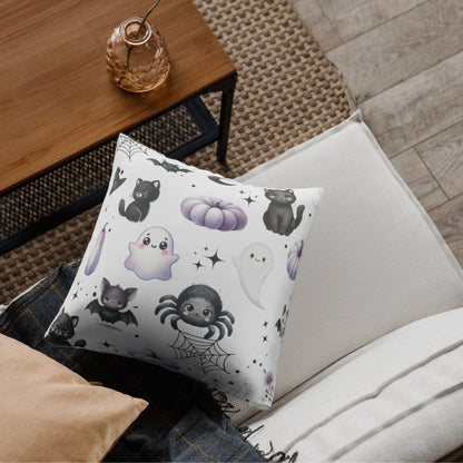 Black Halloween Pattern Faux Suede Square Pillow with black Kawaii Cats, Spider, Ghosts, Bats & Purple Pumpkins