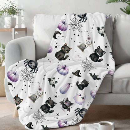 Cute Halloween Black Cats, Ghosts, Bats and Spider Kawaii Pattern Cozy Velveteen Plush Blanket