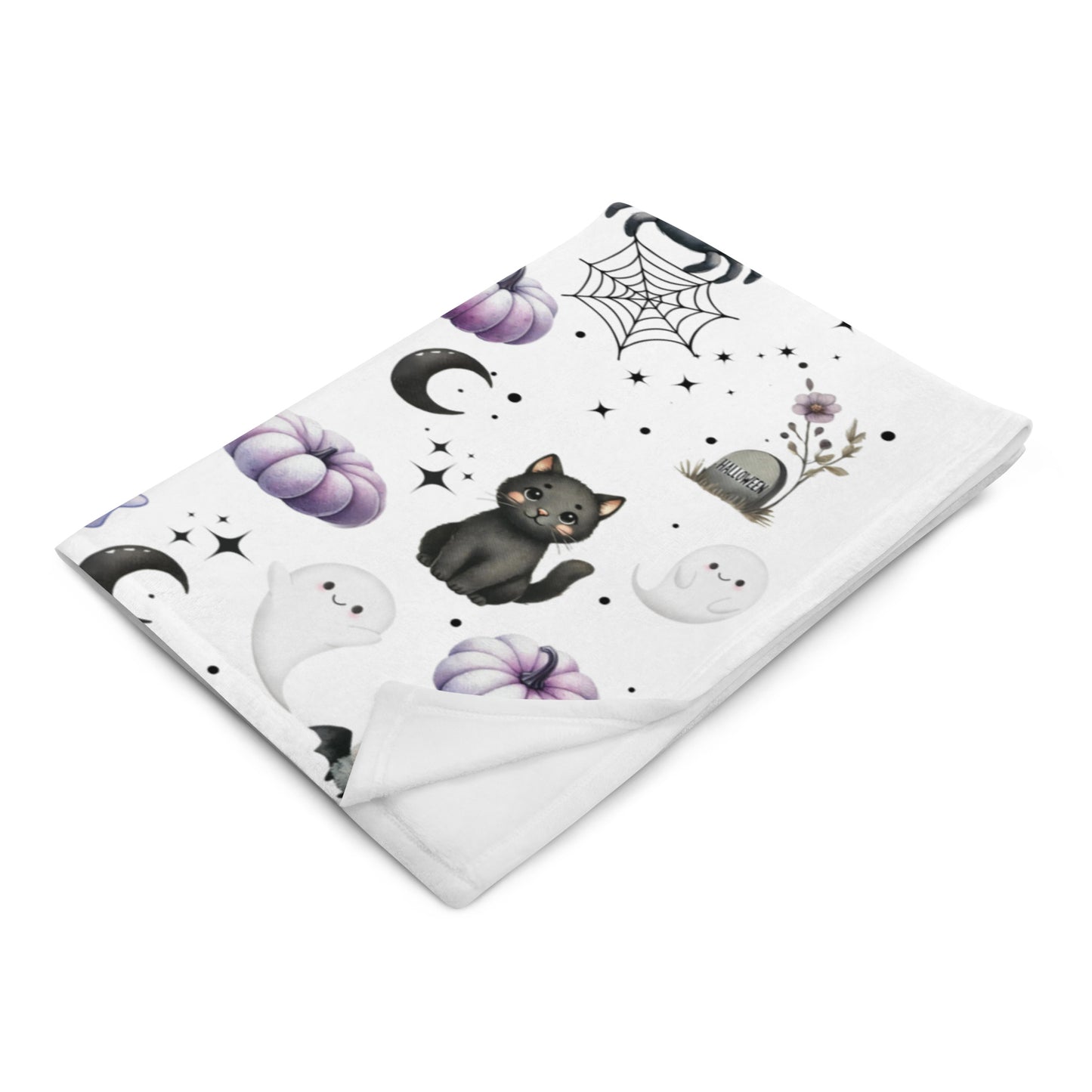 Cute Halloween Black Cats, Ghosts, Bats and Spider Kawaii Pattern Cozy Velveteen Plush Blanket