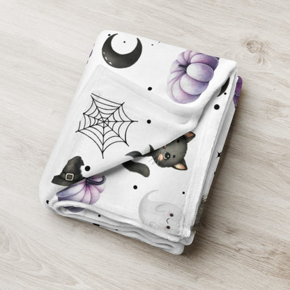 Cute Halloween Black Cats, Ghosts, Bats and Spider Kawaii Pattern Cozy Velveteen Plush Blanket