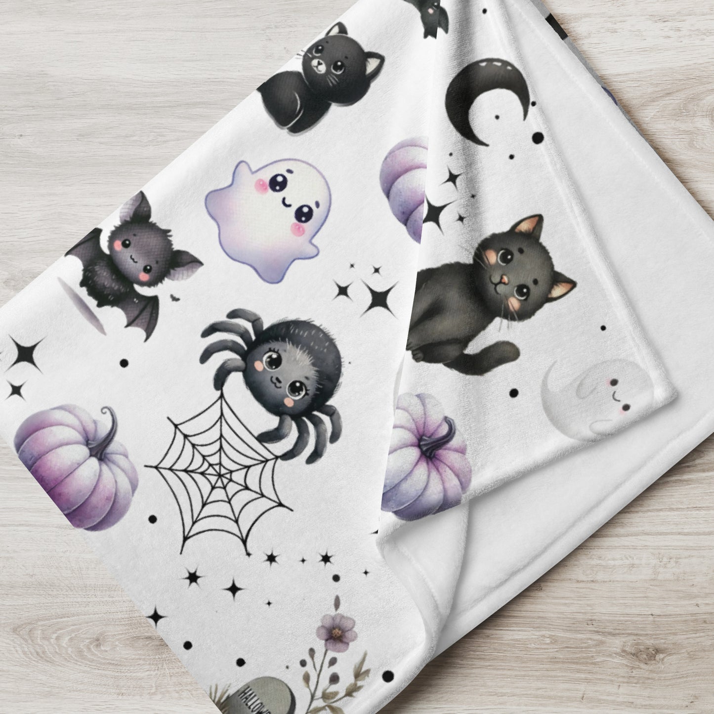 Cute Halloween Black Cats, Ghosts, Bats and Spider Kawaii Pattern Cozy Velveteen Plush Blanket