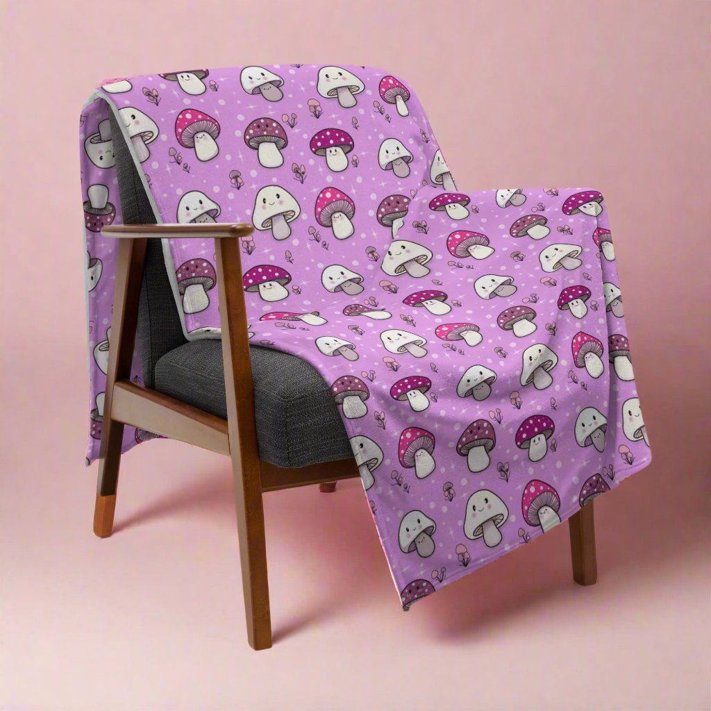 Happy Fungi Cottagecore Cozy Plush Blanket on chair