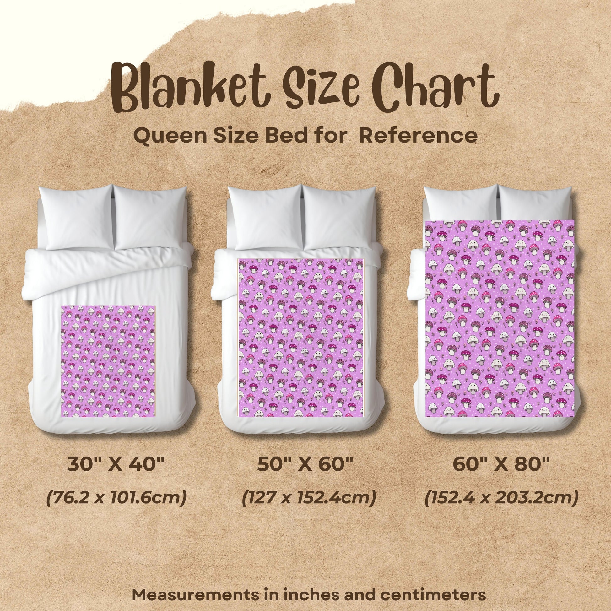 Happy Fungi Cottagecore Cozy Plush Blanket size chart