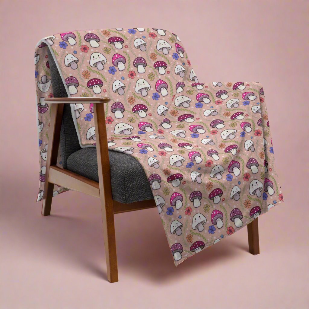 Happy Fungi Flowery Cottagecore Cozy Plush Blanket