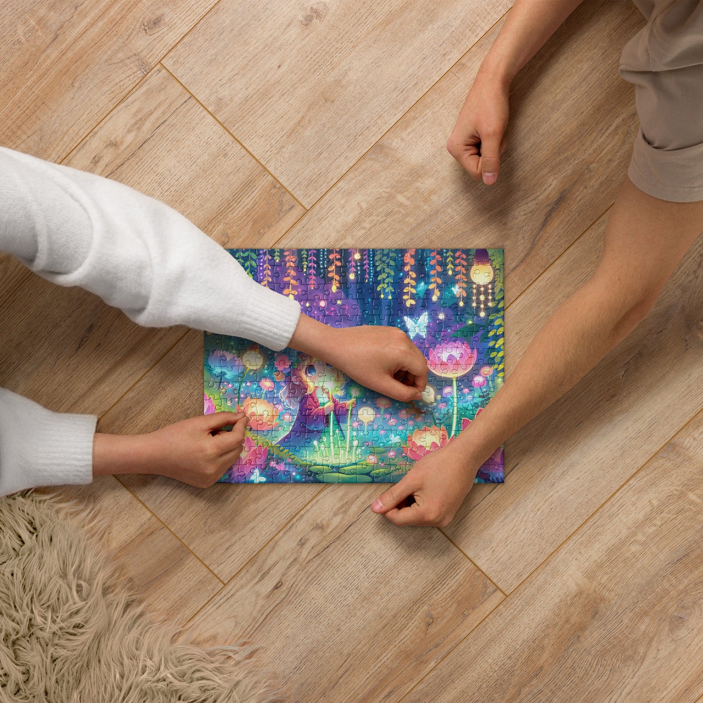 Kawaii Girl Exploring Glowing Flora and Butterflies Jigsaw Puzzle