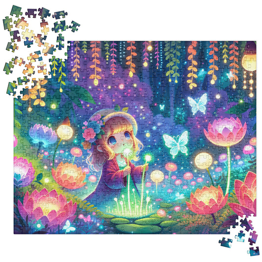 Kawaii Girl Exploring Glowing Flora and Butterflies Jigsaw Puzzle