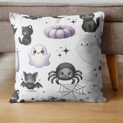 Black Halloween Pattern Faux Suede Square Pillow with black Kawaii Cats, Spider, Ghosts, Bats & Purple Pumpkins